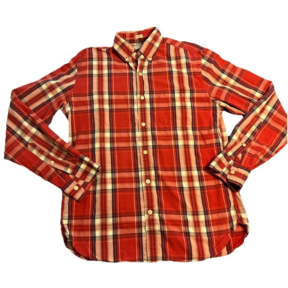 J. Crew Button Down Shirt Men's Red Excellent Slim Fit Plaid Cotton M